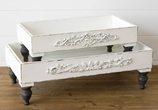 Distressed White Raised Trays (Set Of 02)