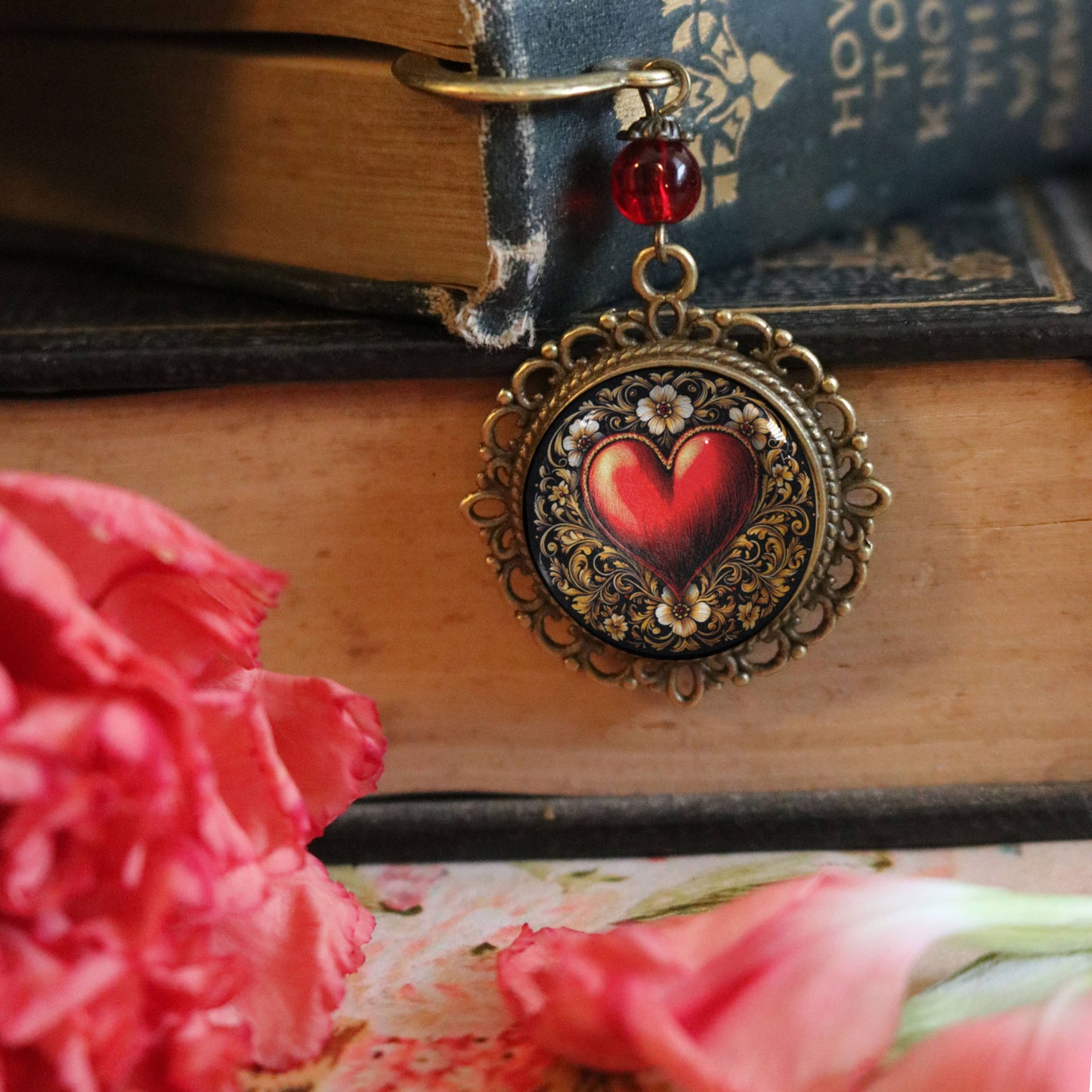 Ornate Heart Bronze and Glass Bookmark