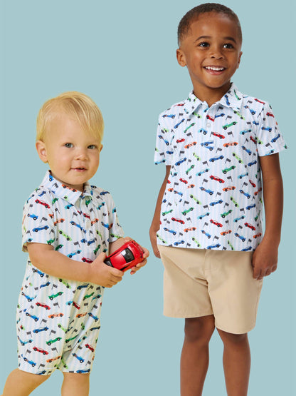 Baby Boys Let's Roll Racecar Performance Polo Romper: Blue