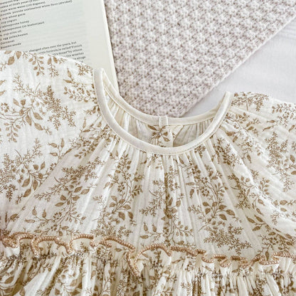 Baby Girls Floral Print Bodysuit Dress: Apricot
