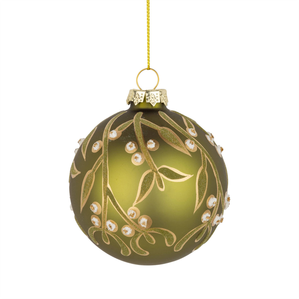 Glass ball ornament apple green w/ gold/green mistletoe