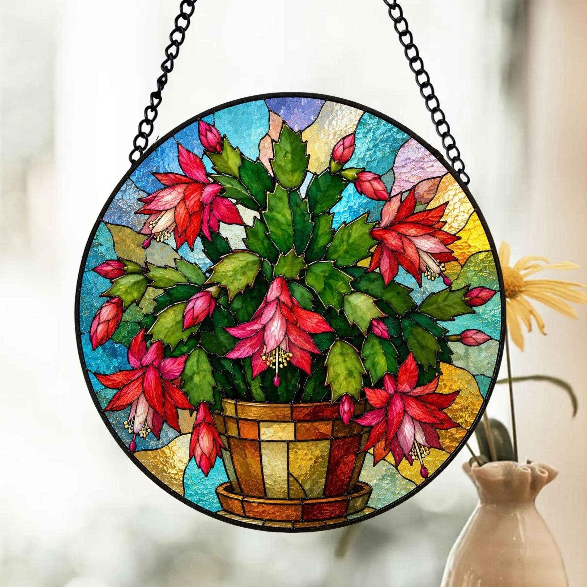 Christmas Cactus Stained Glass Suncatcher, Blooming Plant