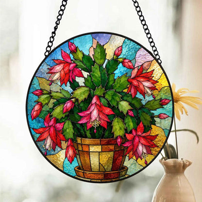 Christmas Cactus Stained Glass Suncatcher, Blooming Plant