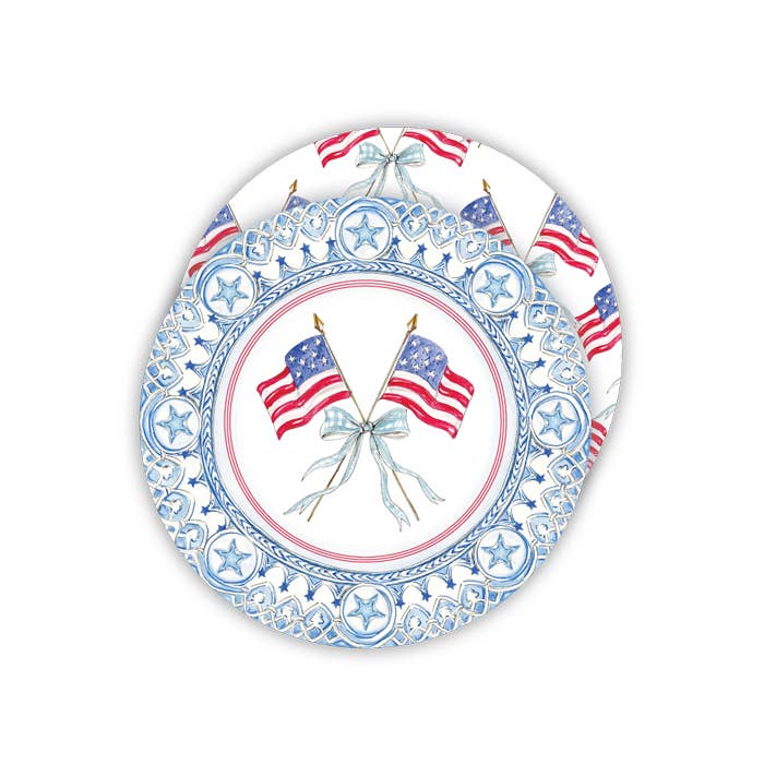 Patriotic Plate Light Blue Flags with Bow Round Coaster