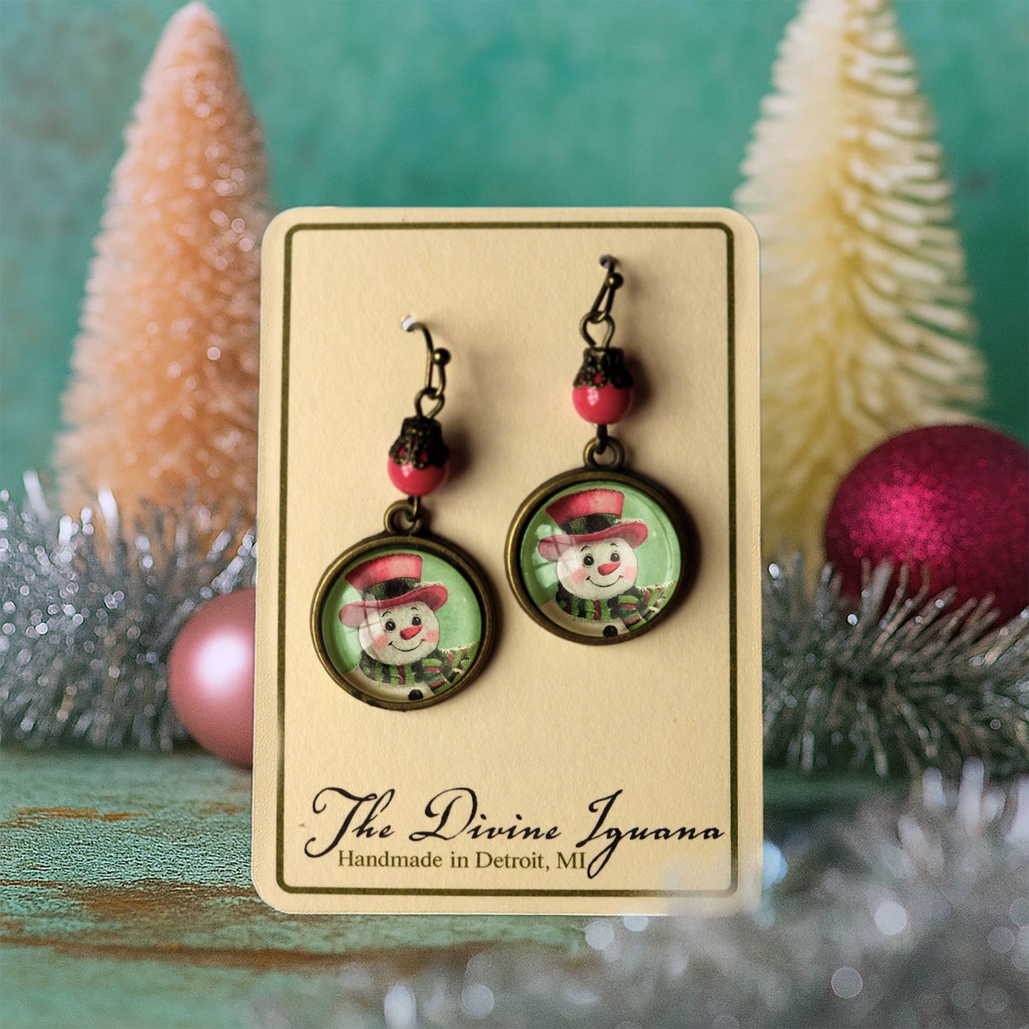 Pink Christmas Snowman Earrings
