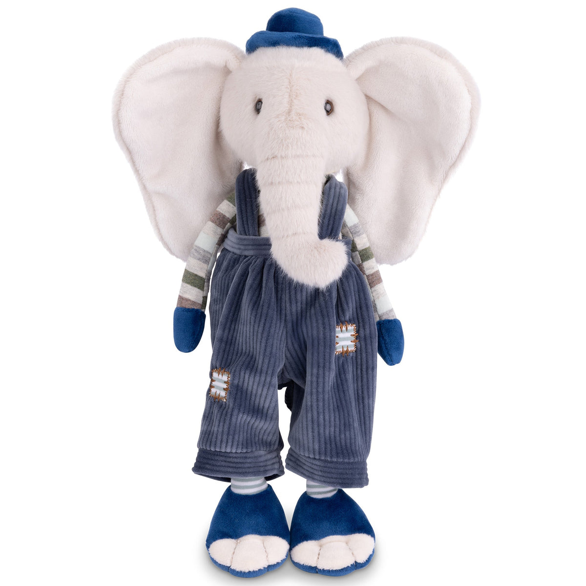Tusk Plush Elephant, A cream plush elephant with wide ears in slate-blue corduroy dungarees with stitched patches, a striped jumper, a cobalt hat, mittens and shoes.