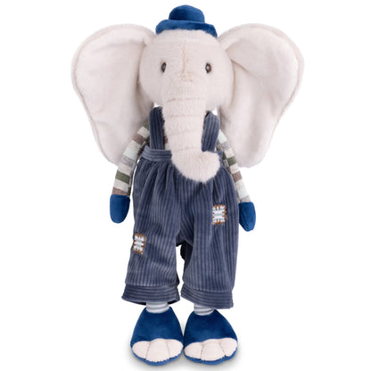 Tusk Plush Elephant, A cream plush elephant with wide ears in slate-blue corduroy dungarees with stitched patches, a striped jumper, a cobalt hat, mittens and shoes.