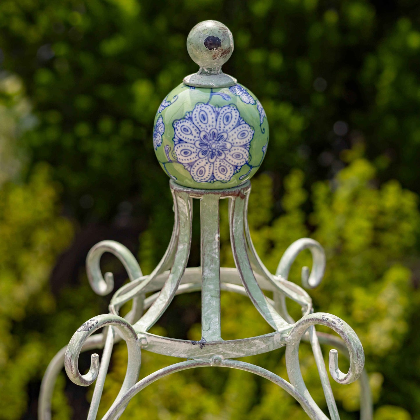 45" Tall Iron Birdbath with Ceramic Sailor Ball Accent: Green