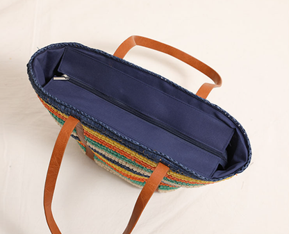 Colorful striped one-shoulder straw bag large-capacity beach bag