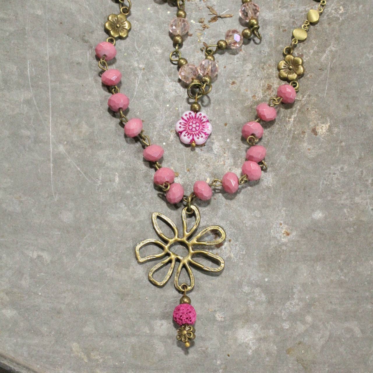 Flower Power Pendant Czech Pink Beads Layered Necklace