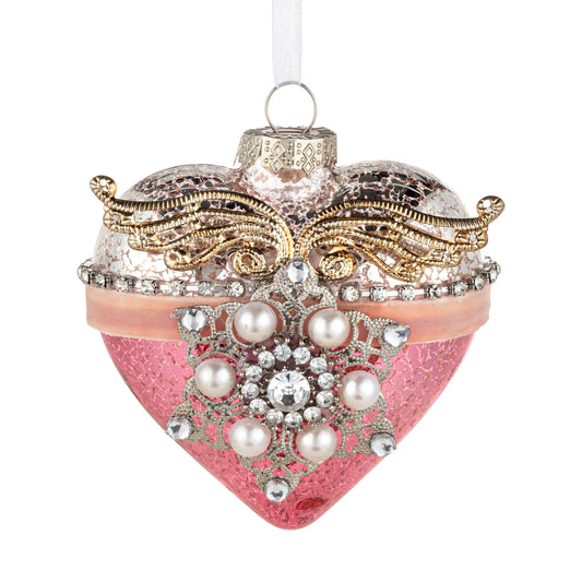 Patinaed Heart with Angel Wings and Pearls Glass