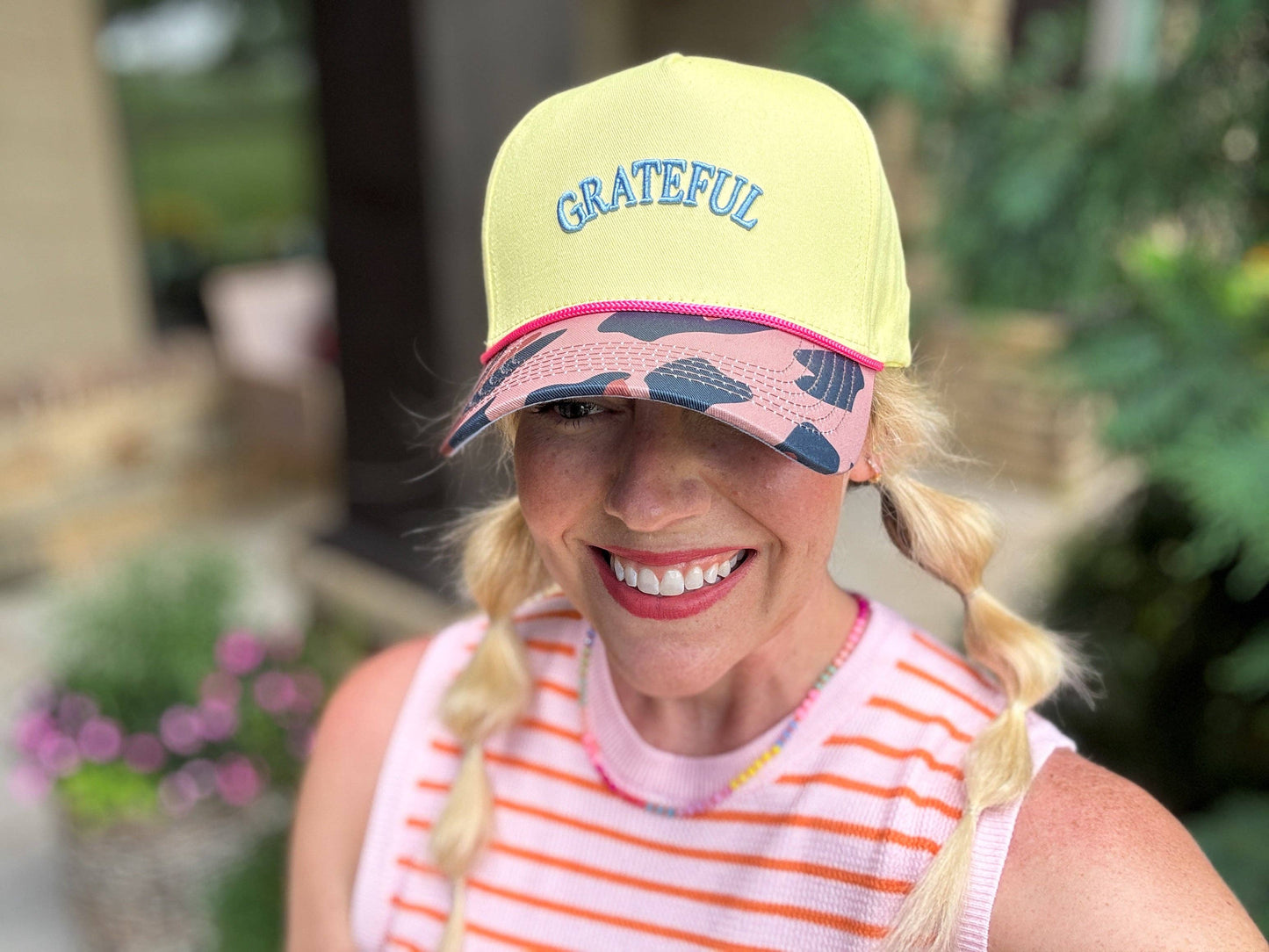 Taylor Elliott Designs - Embroidered Baseball Cap - "Grateful" - Yellow + Camouflage