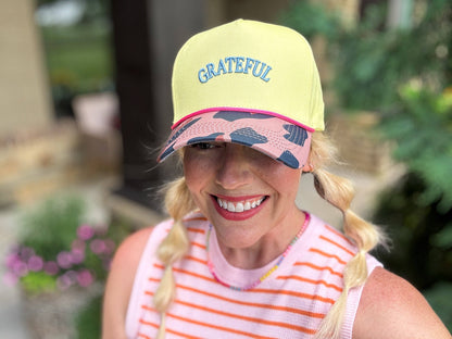 Taylor Elliott Designs - Embroidered Baseball Cap - "Grateful" - Yellow + Camouflage