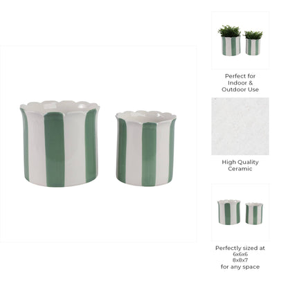 Sagebrook Home - Planters Set of 2 - Green/White Ceramic Striped, 6/8 in.