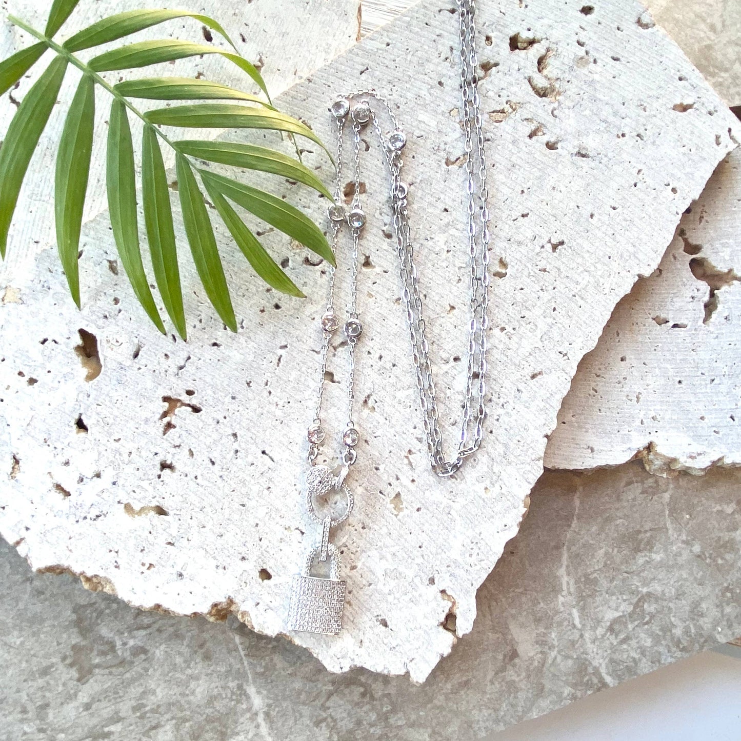 Lock Crystal micro pave Necklace trendy Silver