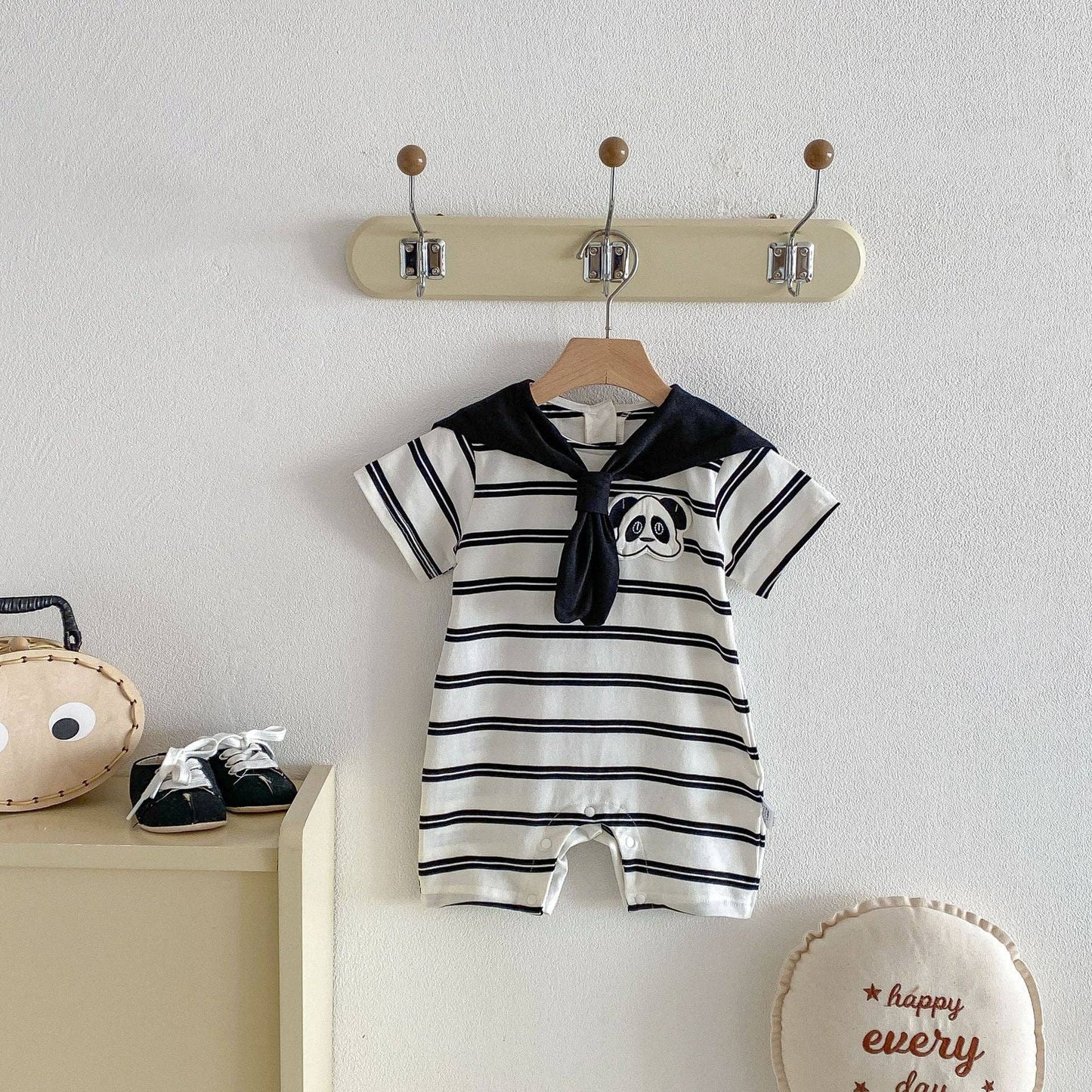 Baby Short Sleeve Striped Panda Romper