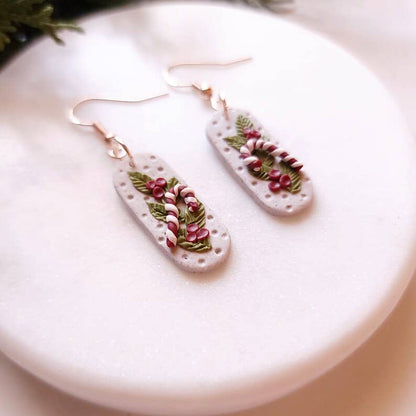 Hand Crafted Candy Cane Holly Leaf Earrings