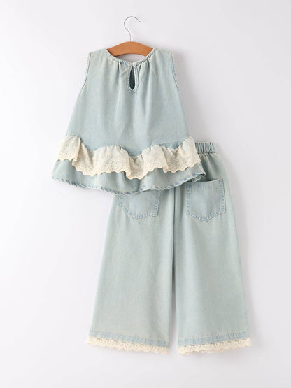 Summer Light Color Denim Lace Girls Set: 2