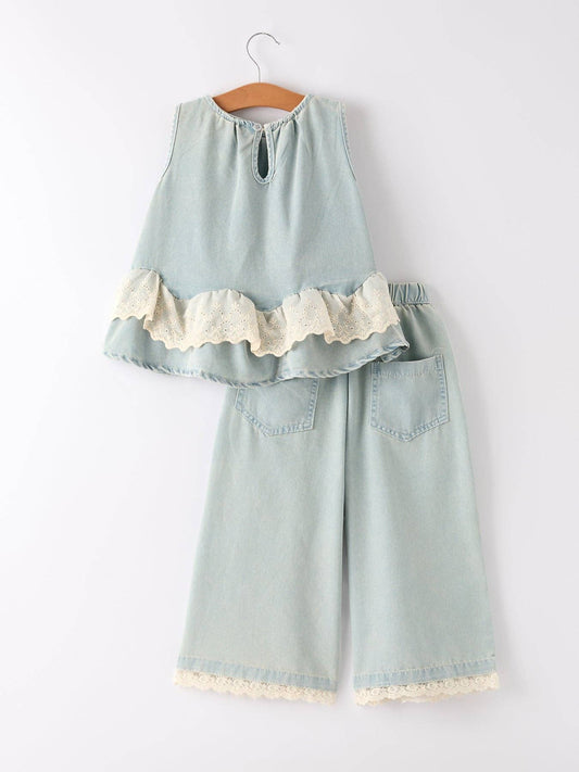 Summer Light Color Denim Lace Girls Set: 2