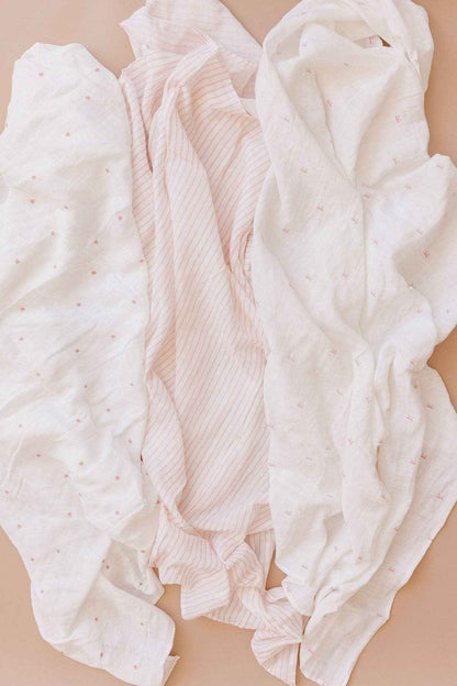 Muslin Swaddle Set Strawberry Bow Pink Stripe Baby Organic: Pink