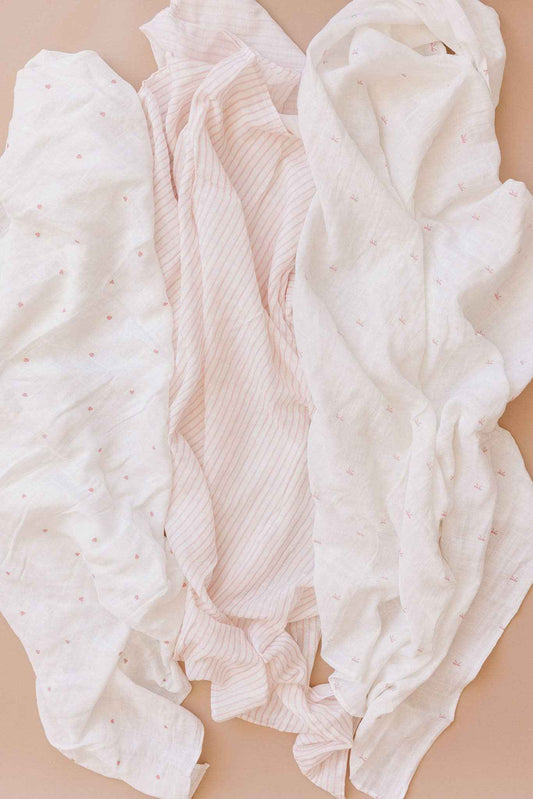 Muslin Swaddle Set Strawberry Bow Pink Stripe Baby Organic: Pink