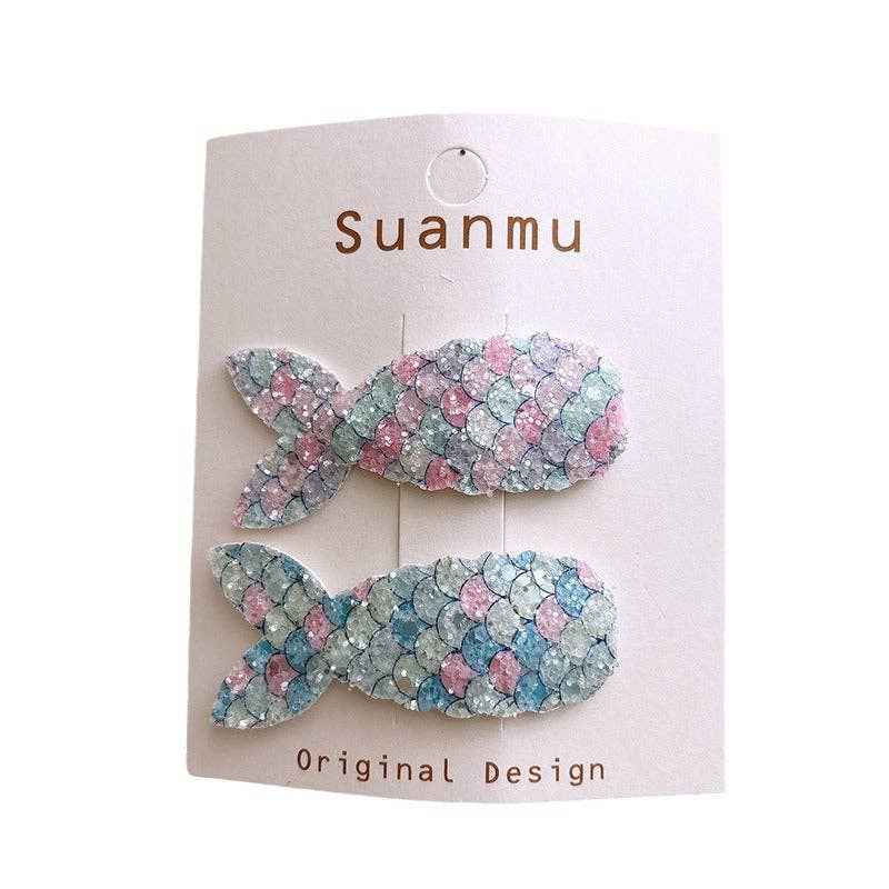 Colorful Glitter Mermaid Tail Kids Hair Clips Sweet Cute BB Clips: 3-Rainbow Set