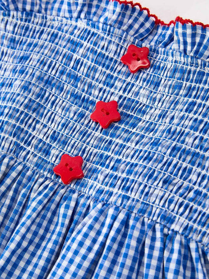Girls 4th of July Plaid Twirl Dress Bow Smocked: 2