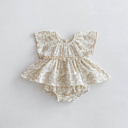 Baby Girls Floral Print Bodysuit Dress: Apricot