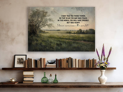 Casa de campo Olive Branch - Ánimo, Juan 16:33, Lienzo cristiano con paisaje bíblico.