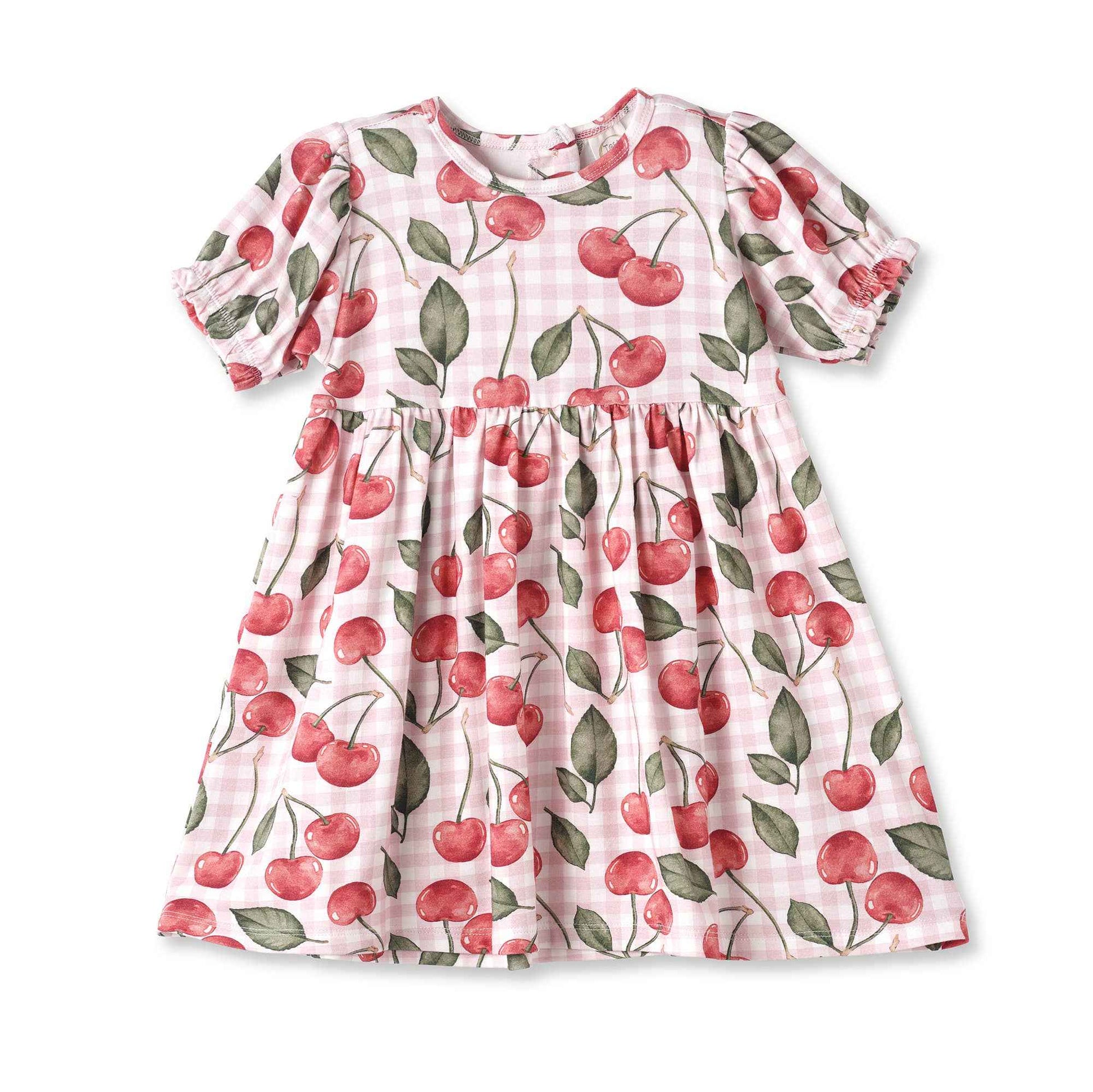 Cherry Picnic Puff Sleeve Bamboo Dress: 18-24M