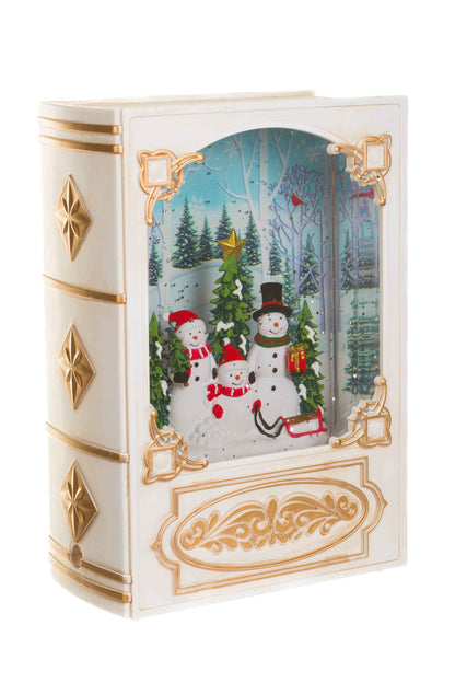 NEW-White Bookend Snow Globe with Snowman Family