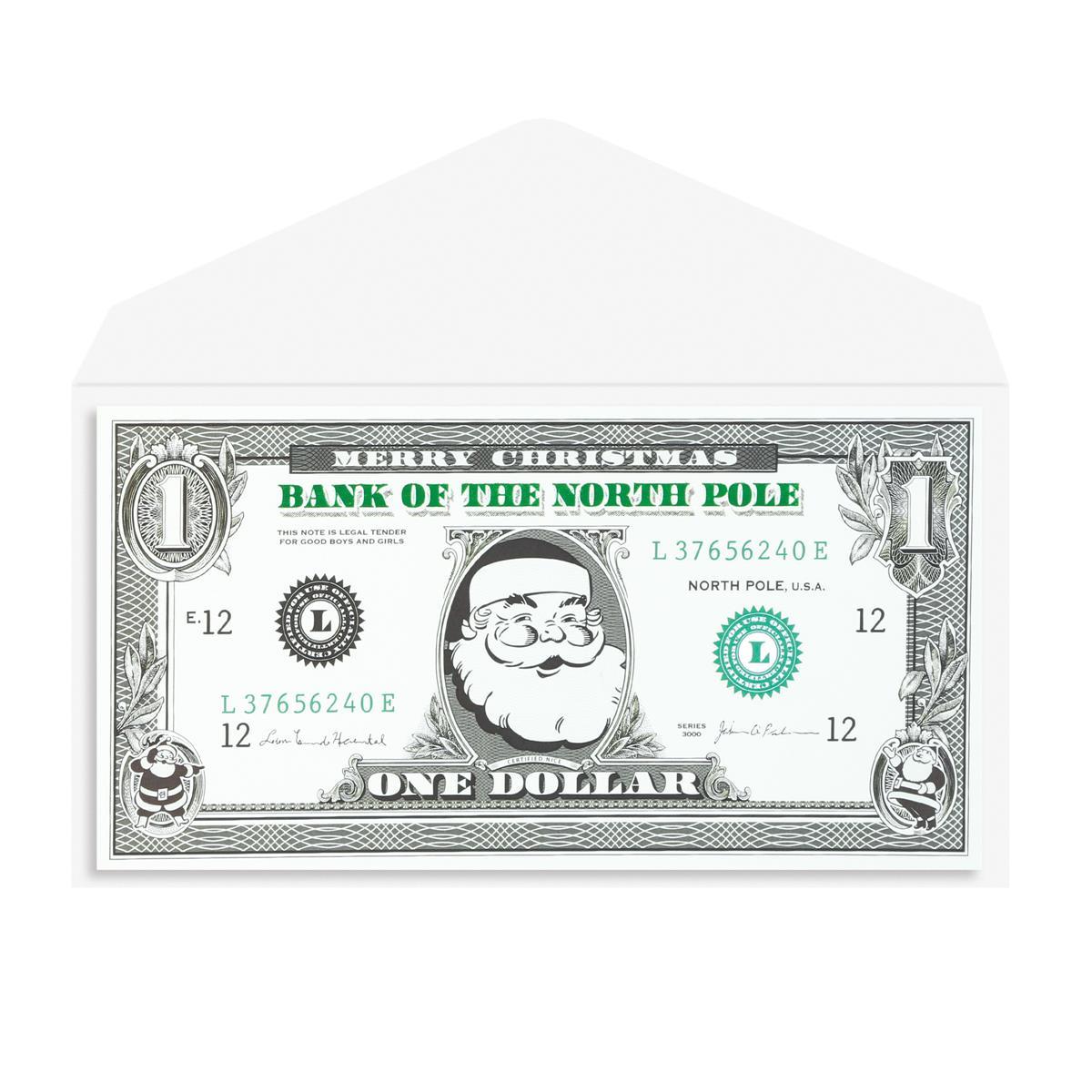 Santa Dollar Bill Holiday Boxed Cards, A boxed holiday card designed to look like a green foil dollar bill printed with a Santa portrait and Bank of the North Pole.