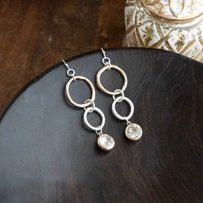 Moonlit Circles – Crystal Drop Link Earrings: Two Tone