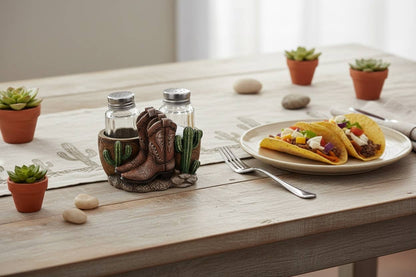 Brown Boots & Cactus Jars Salt and Pepper Shaker Holder Set