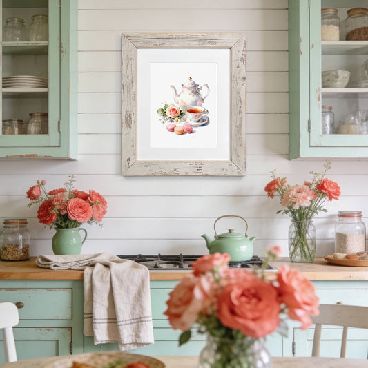 Afternoon Tea Watercolor Art Print  Cottage Kitchen Wall