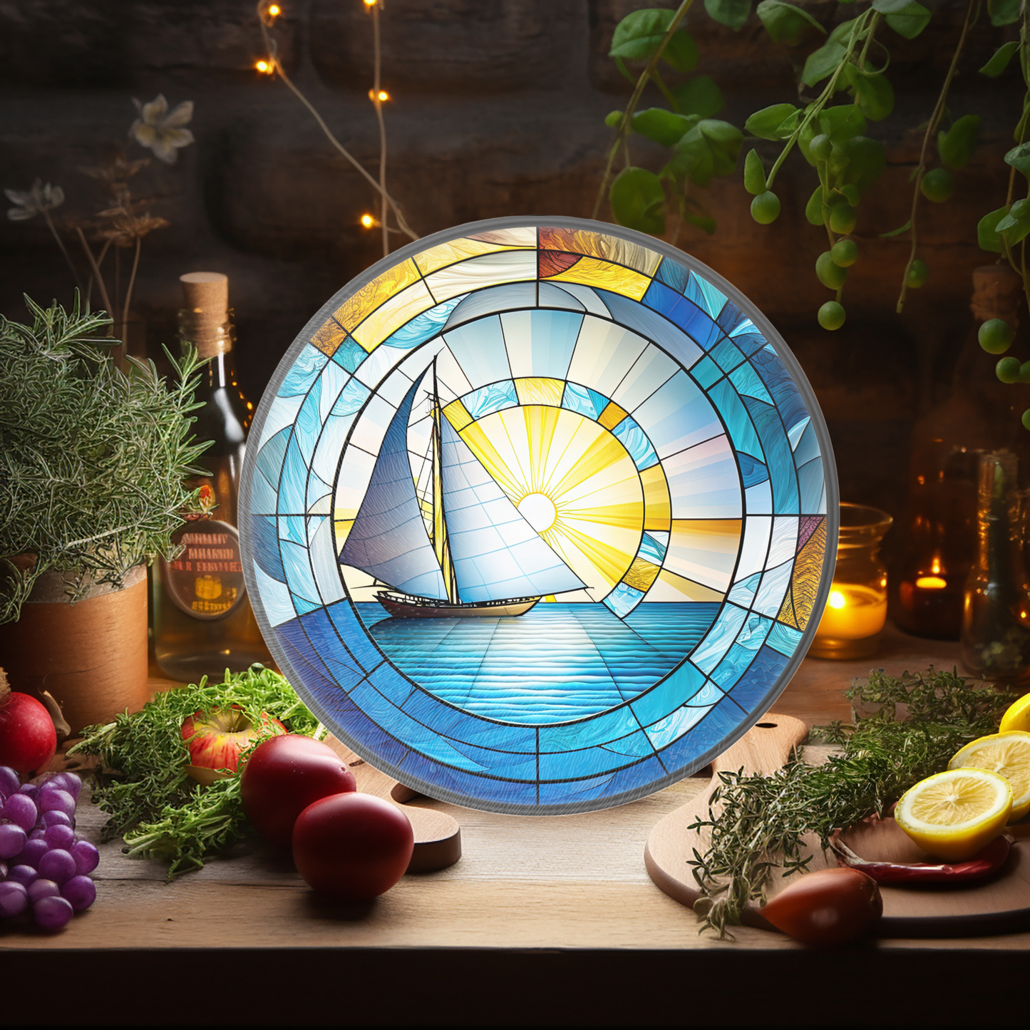 Tempered Glass Cutting Board: Sailboat Nautical Serving Tray: 12 - Inch