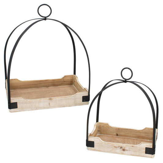 Set of 2 Wood Bottom Iron Lanterns