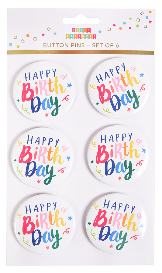 Happy Birthday Button Pin Set of 6
