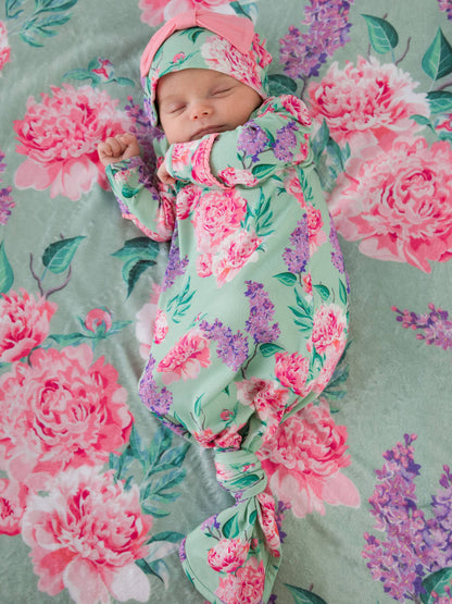 Baby Girls Bamboo Sage Knotted Sleep Gown & Bow Hat Set: Green / Newborn-3m