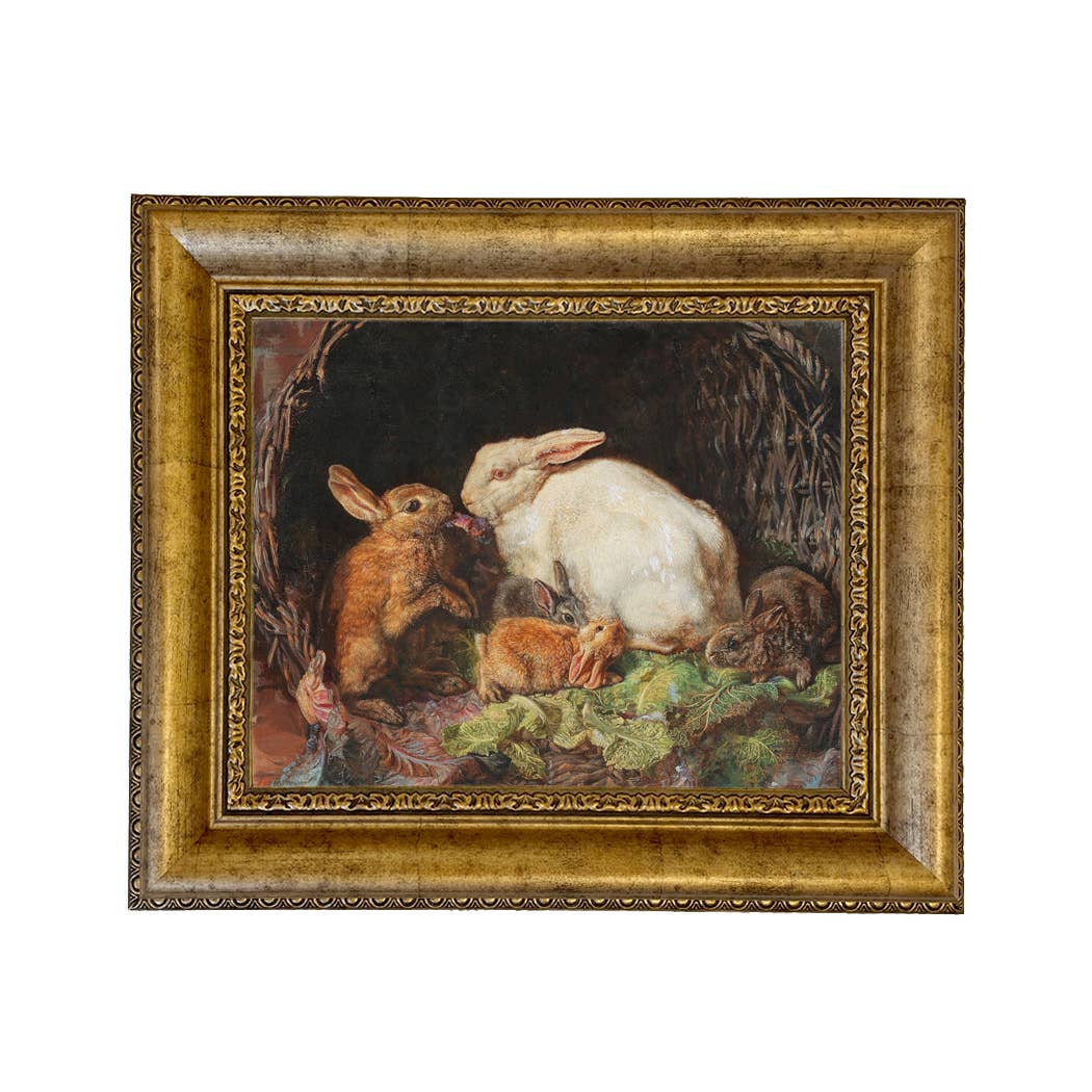 Hares and Young Framed Painting Print on Canvas