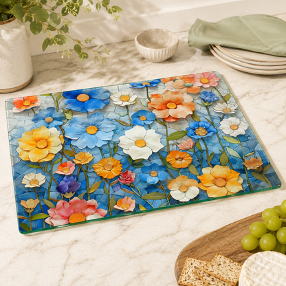 Mosaic Floral Glass Cutting Board & Serving Tray: 11x15 inch