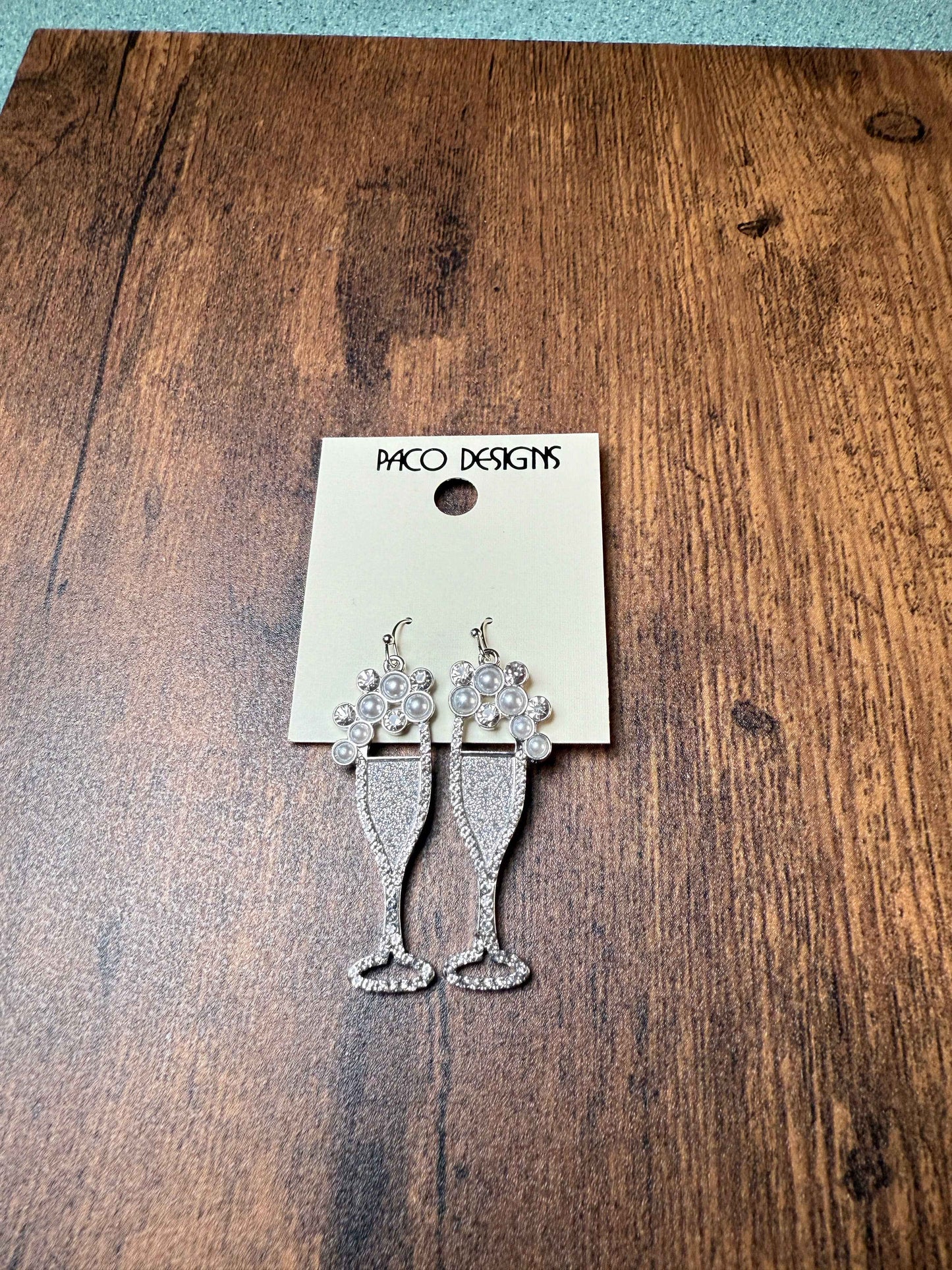 Sparkly Silver Champagne Flute Earrings with Pearls