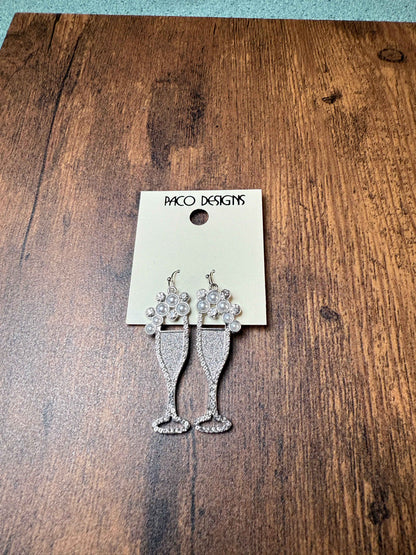 Sparkly Silver Champagne Flute Earrings with Pearls