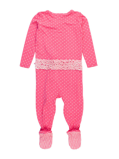 Baby Girls Hot Pink Hearts Polka Dot Bamboo Viscose Footed Ruffle One Piece Pajama