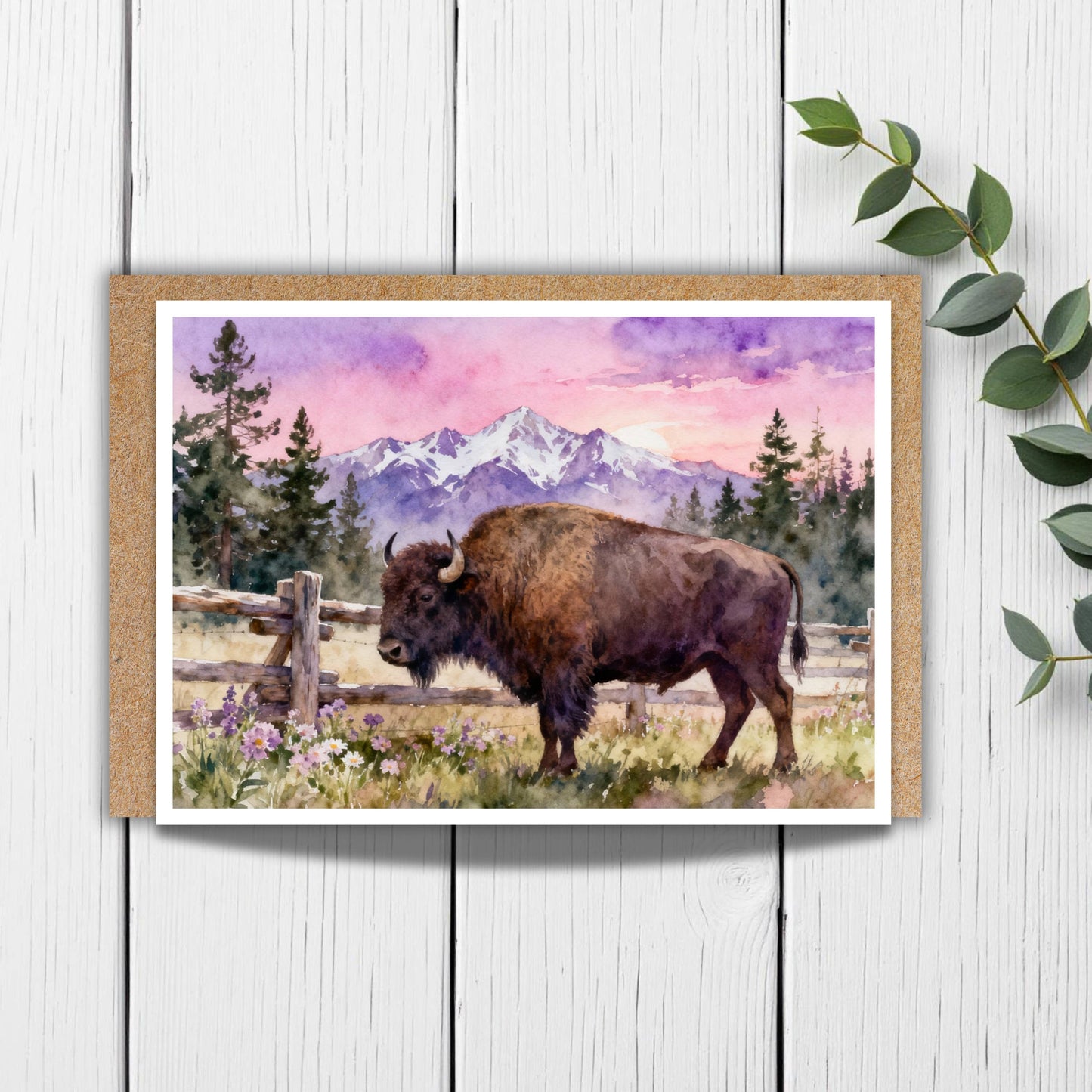 Wild Bison Sunset Watercolor Greeting Card