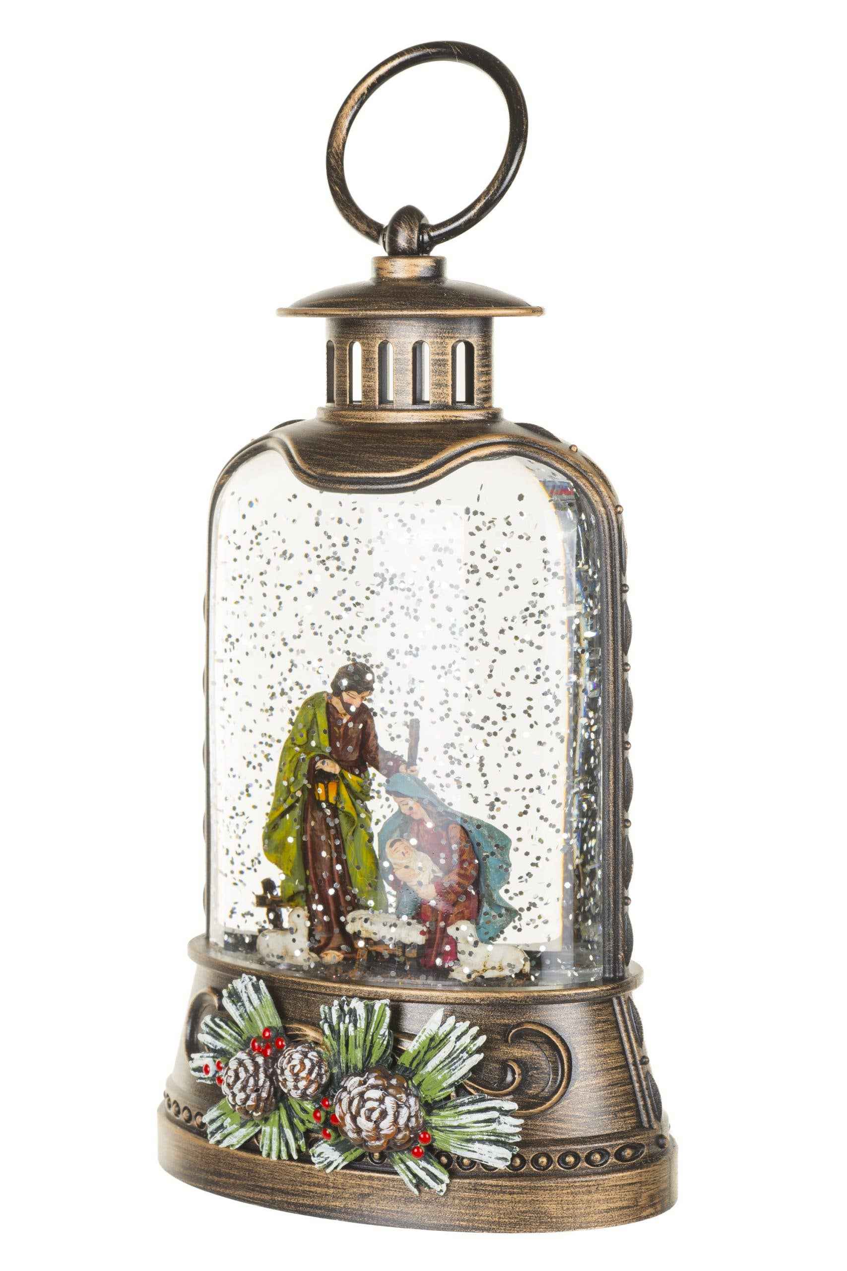 NEW-Antique Brown Lantern Snow Globe with Nativity Scene