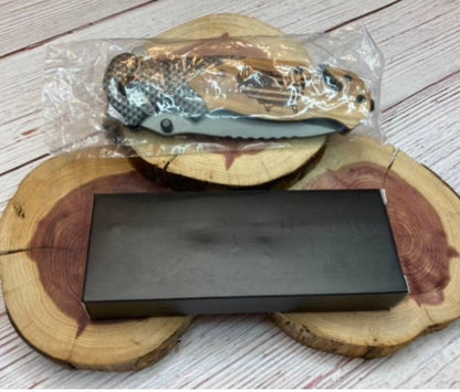 Quail Tail Laser Art - Motorcycle on Flag Knife