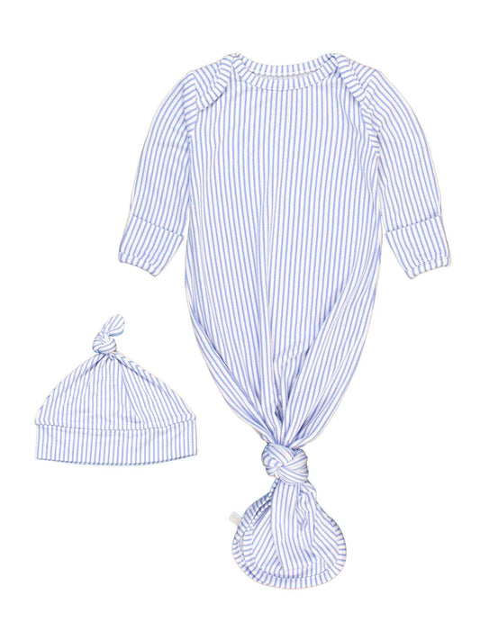 SoftSnooze™ Baby Boys Bamboo Viscose Periwinkle & White Micro Stripe Knotted Sleep Gown & Hat Set: Blue / Newborn-3m