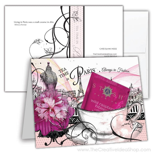 TEA GREETING Card w. REAL TEA BAG - Paris Always in Fashion
