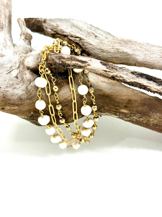 Bracelet Freshwater Pearl, Pyrite Chain, Paper Clip 7”w/2”ext